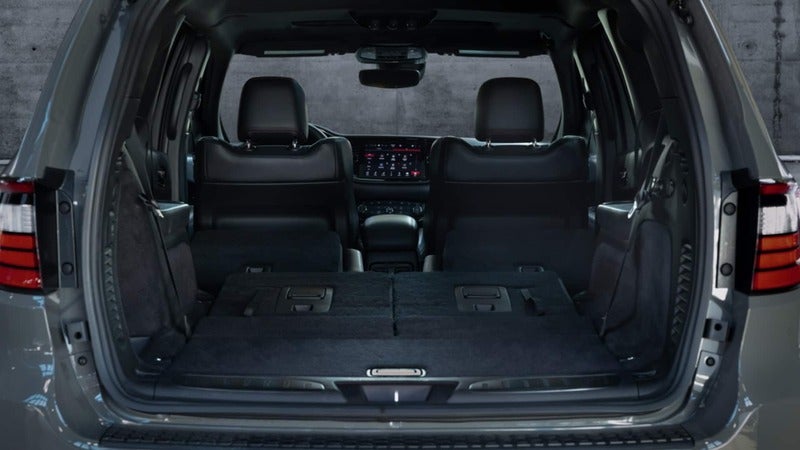 Shot of the 2027 Dodge Durango interior through the rear liftgate and the rear seats folded